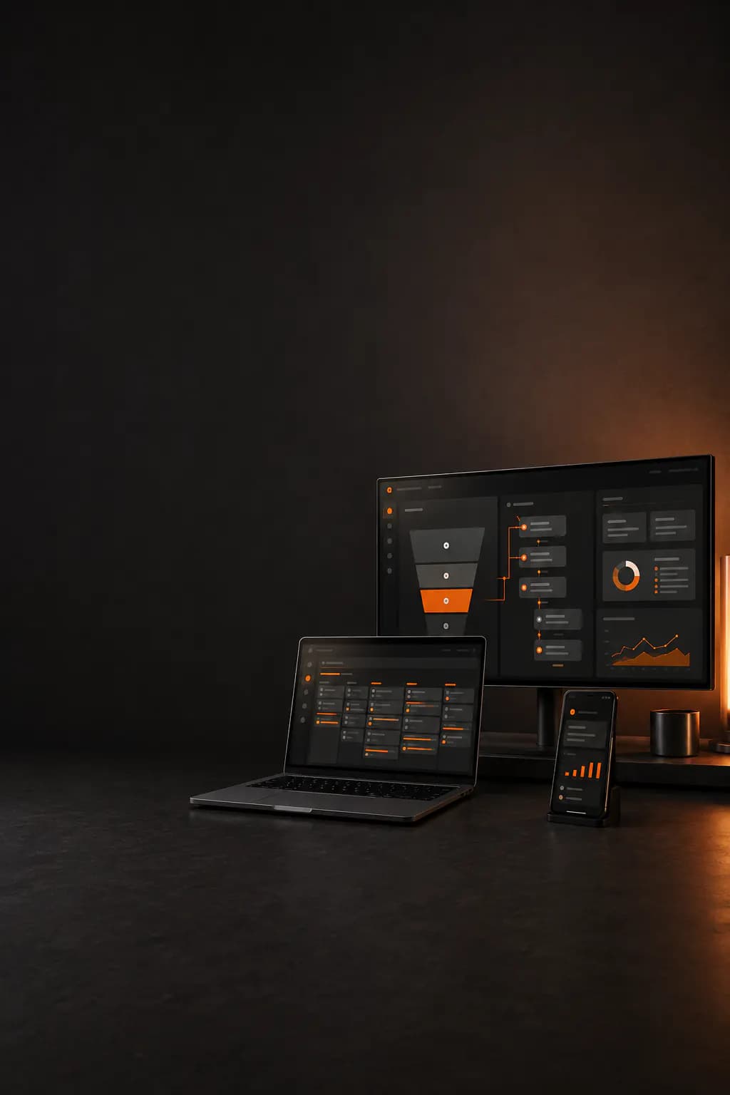 Système digital réunissant funnel, CRM et analytics sur plusieurs écrans.