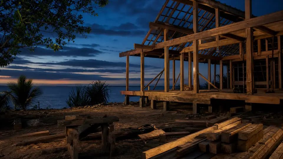 Structure en bois d'un bungalow en construction face à la mer