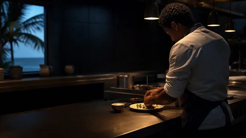 Chef dressant une assiette en cuisine sous une lampe