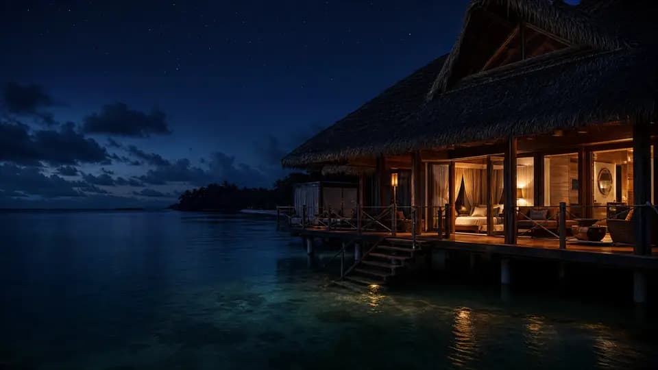Villa sur pilotis éclairée de nuit au-dessus de l'eau