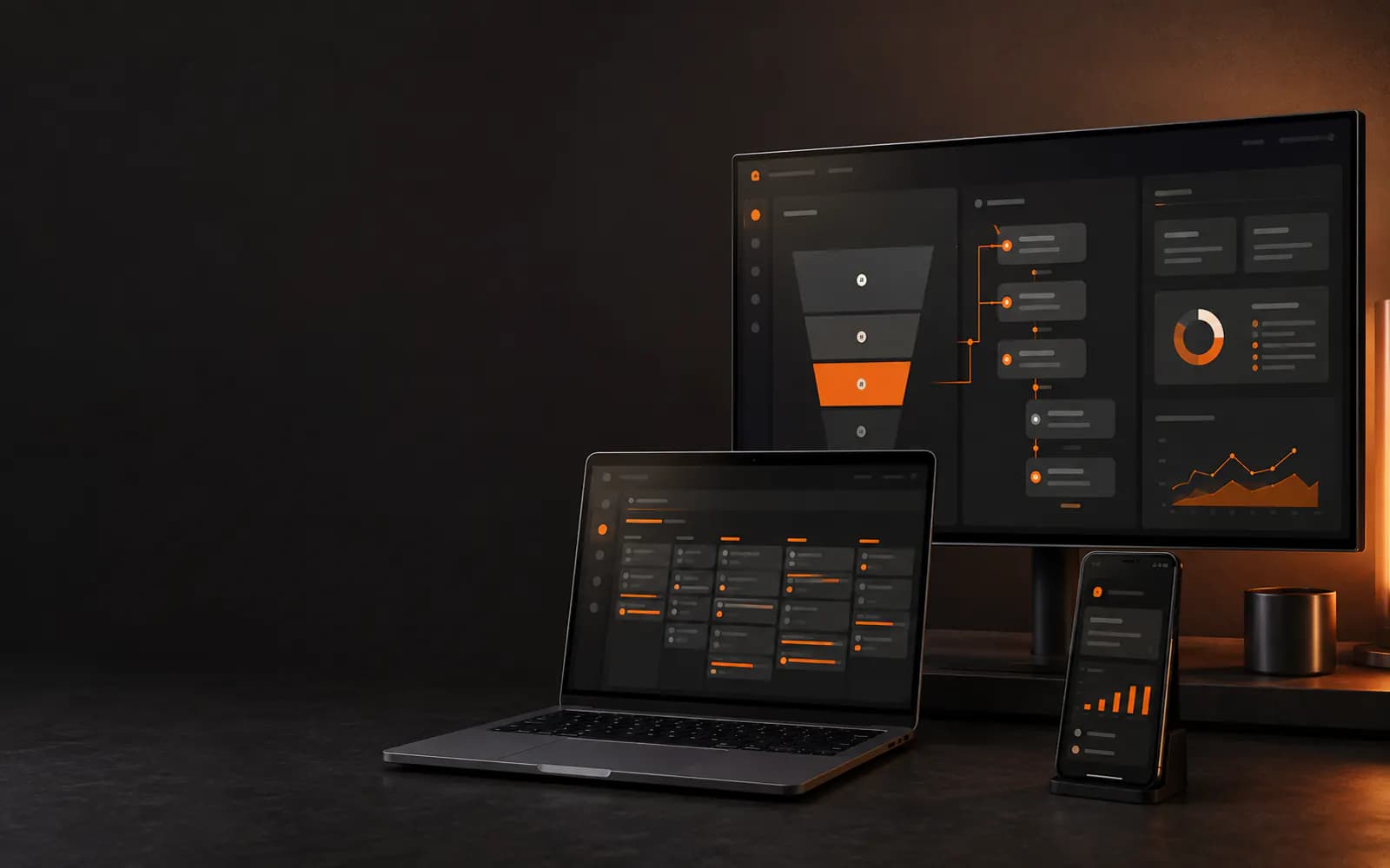 Système digital réunissant funnel, CRM et analytics sur plusieurs écrans