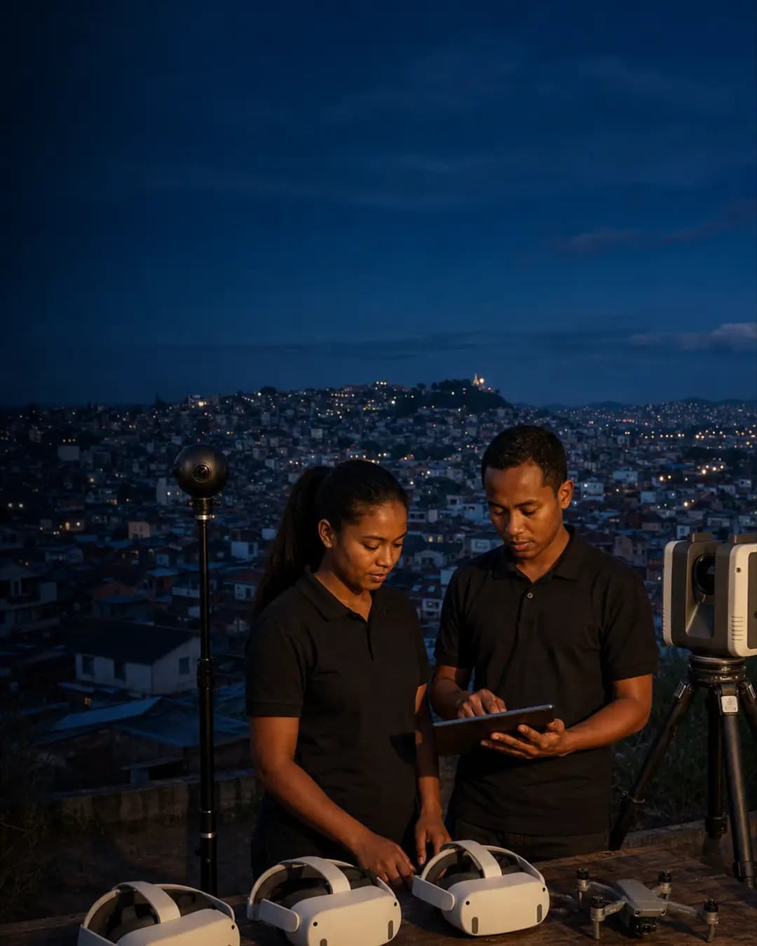 L'équipe XR Technologie autour de ses casques VR, caméra 360, drone et scanner, au-dessus d'Antananarivo au crépuscule