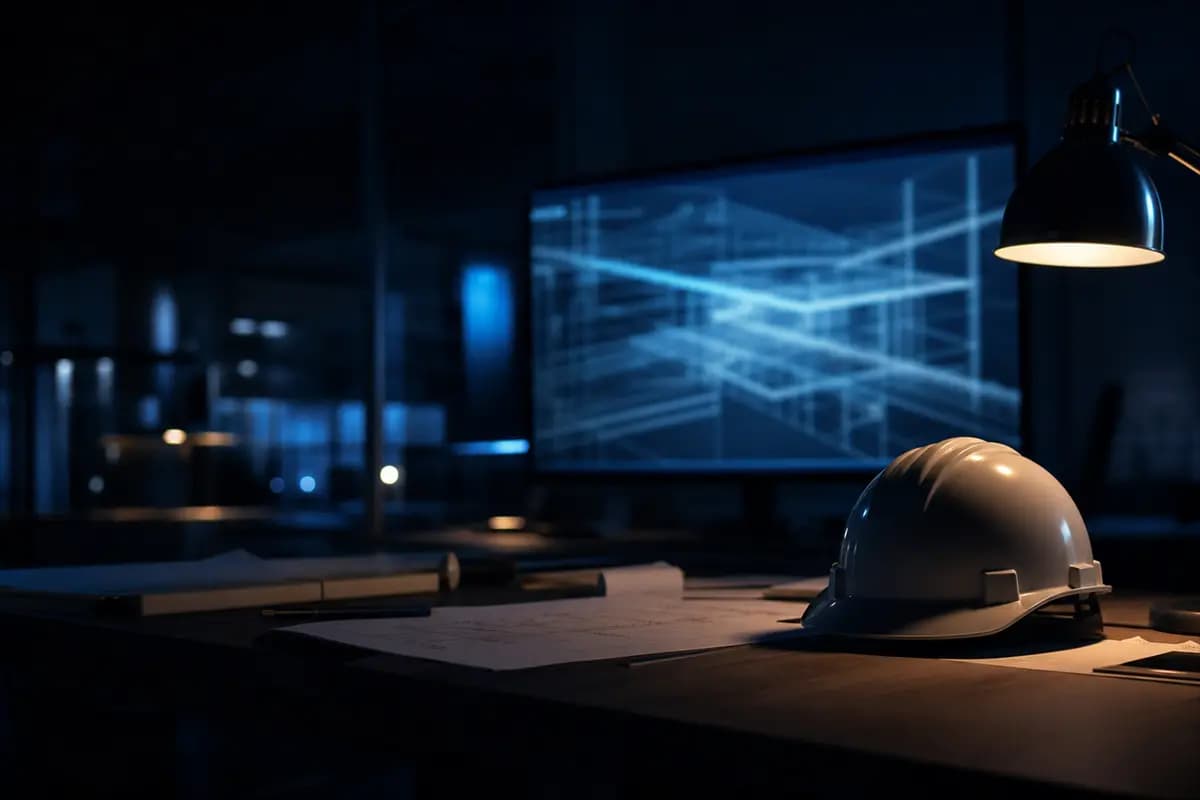 Bureau d'études de nuit, écran filaire 3D et casque de chantier