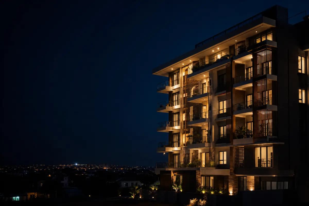 Immeuble résidentiel premium aux balcons éclairés, de nuit