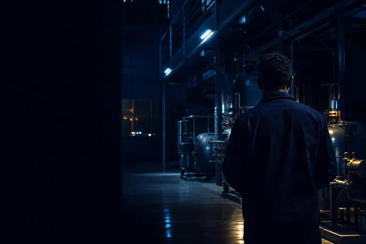 Technicien de dos dans un site industriel de nuit