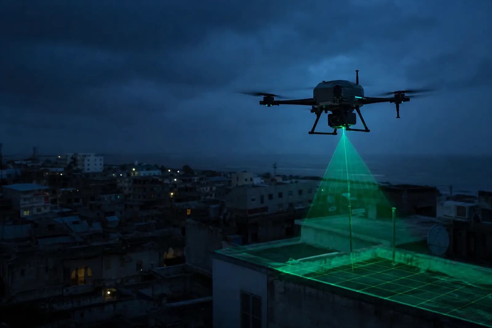 Drone de cartographie balayant une toiture au crépuscule