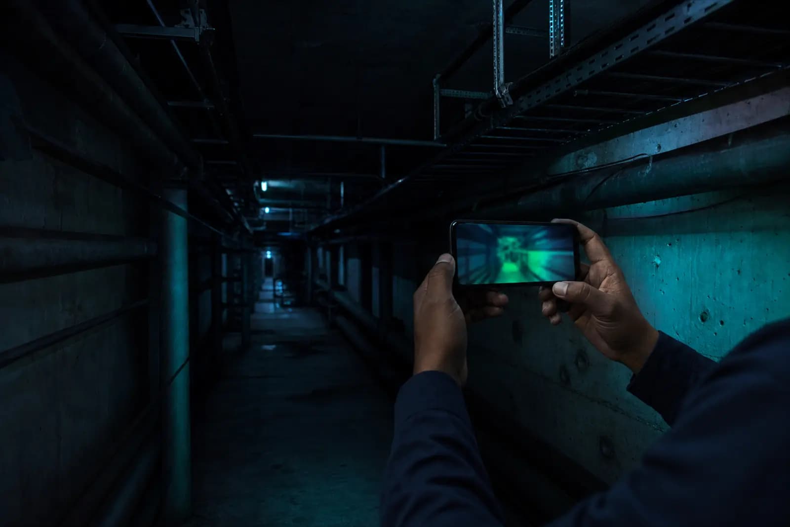 Smartphone en cours de scan dans un couloir technique