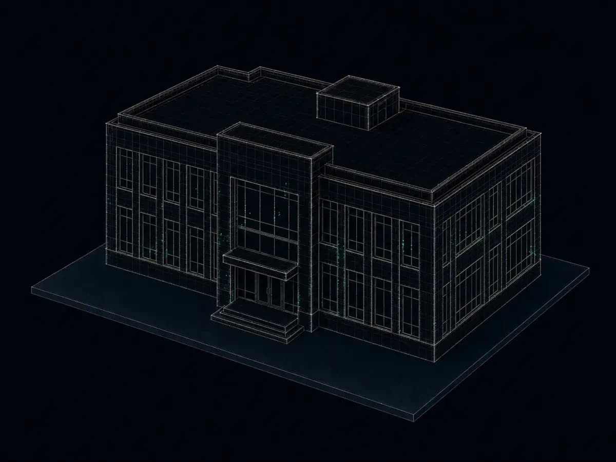 Bâtiment en filaire gris, points de scan épars