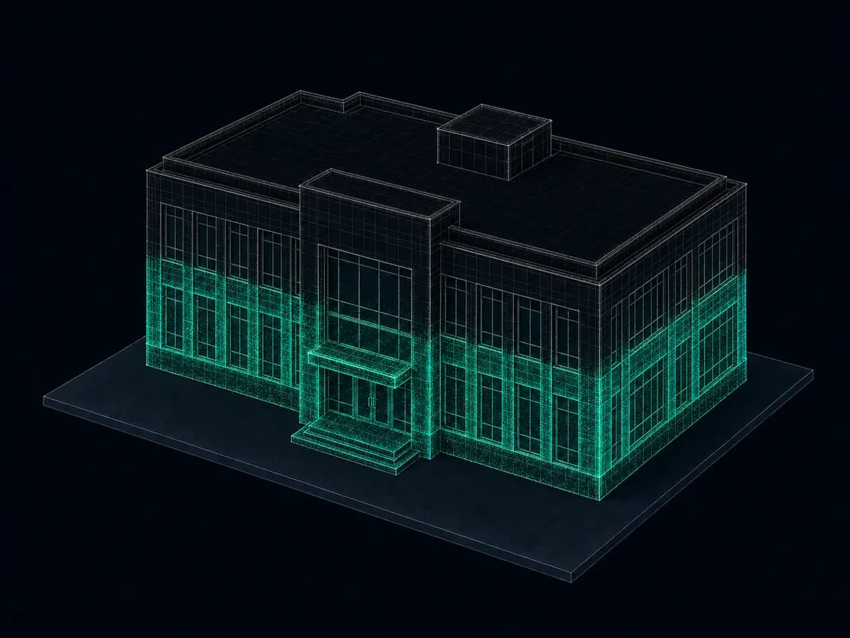 Même bâtiment, niveaux inférieurs restitués en points verts