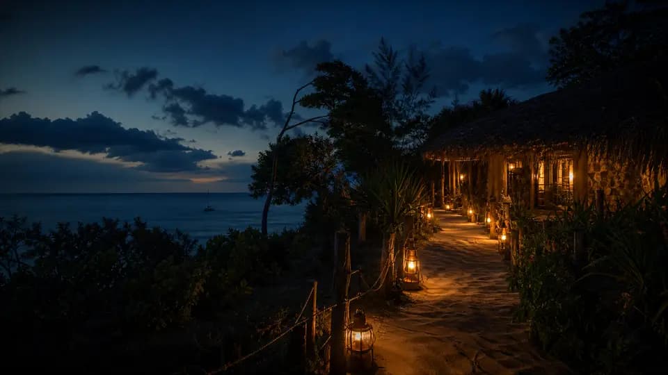 Allée d'entrée d'un lodge éclairée de lanternes au crépuscule