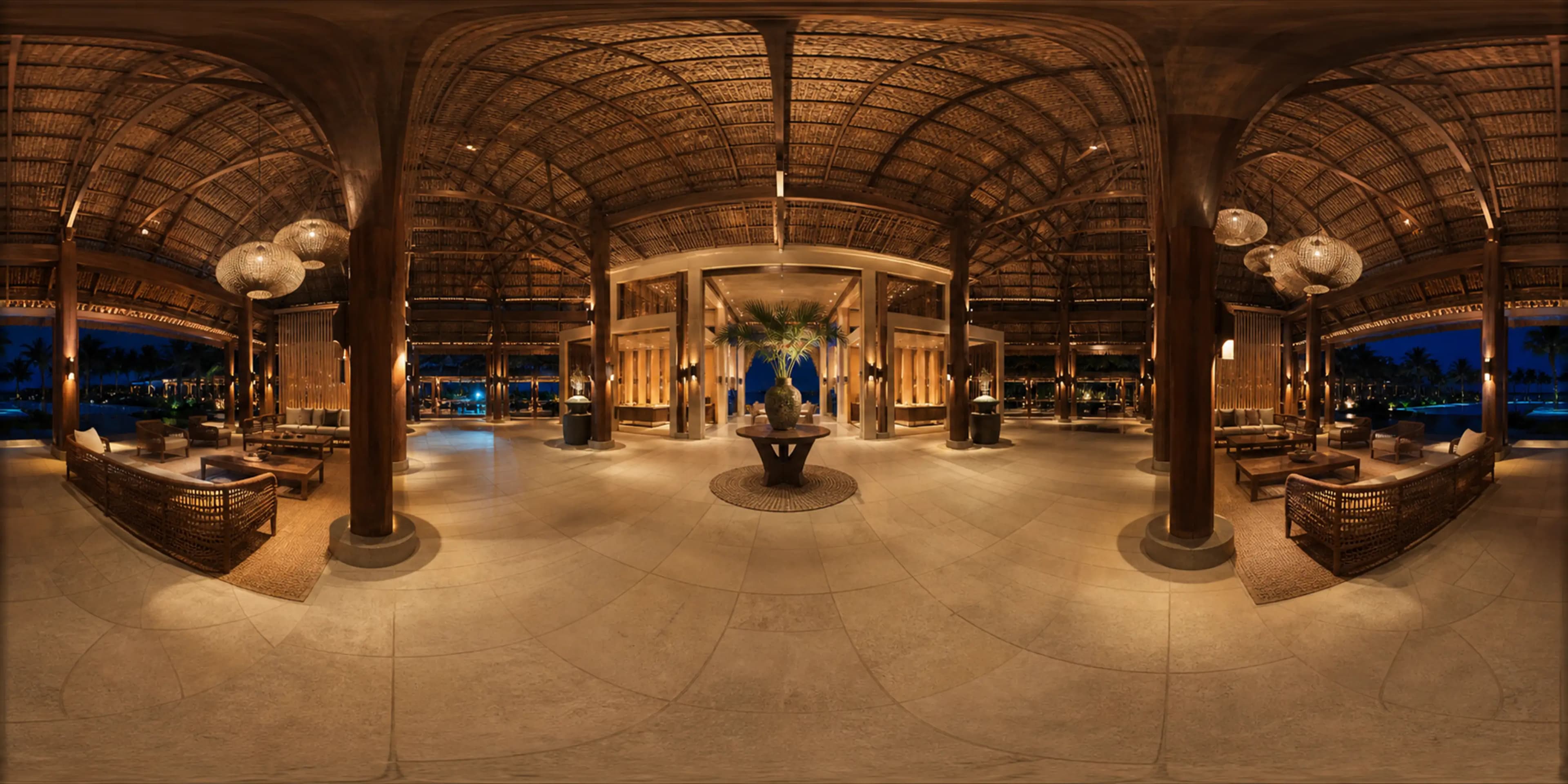 Lobby d'hôtel tropical au crépuscule, panorama 360