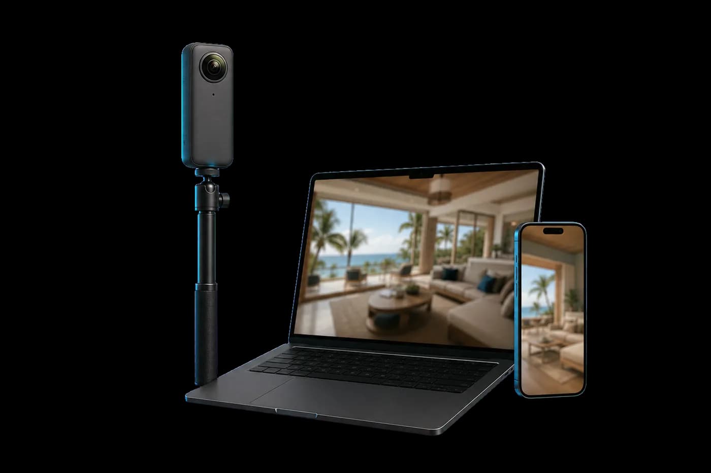 Caméra 360 sur perche, ordinateur portable et smartphone