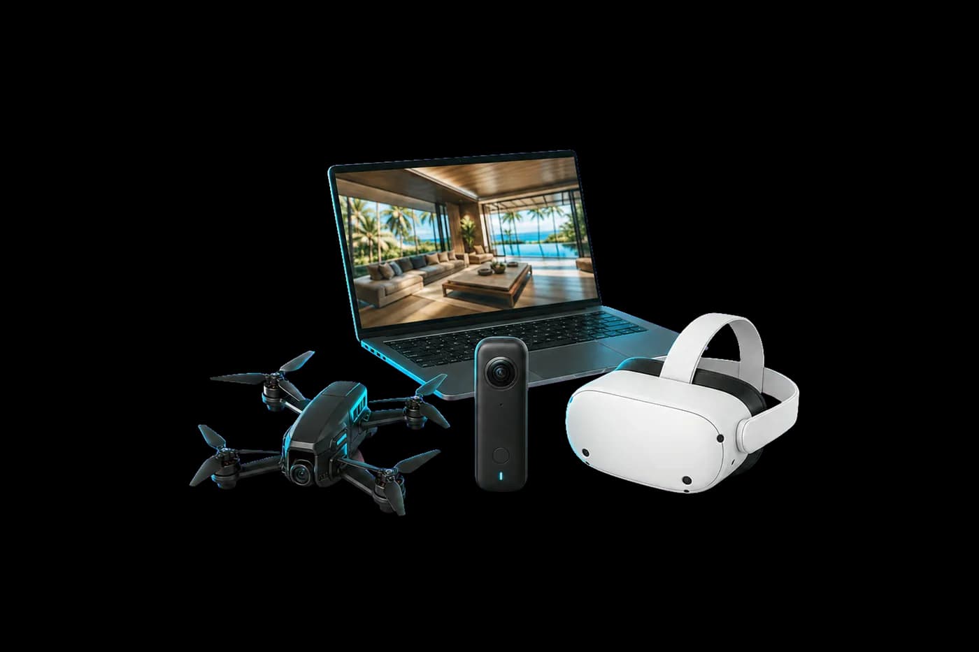 Drone FPV, caméra 360, casque VR et ordinateur portable