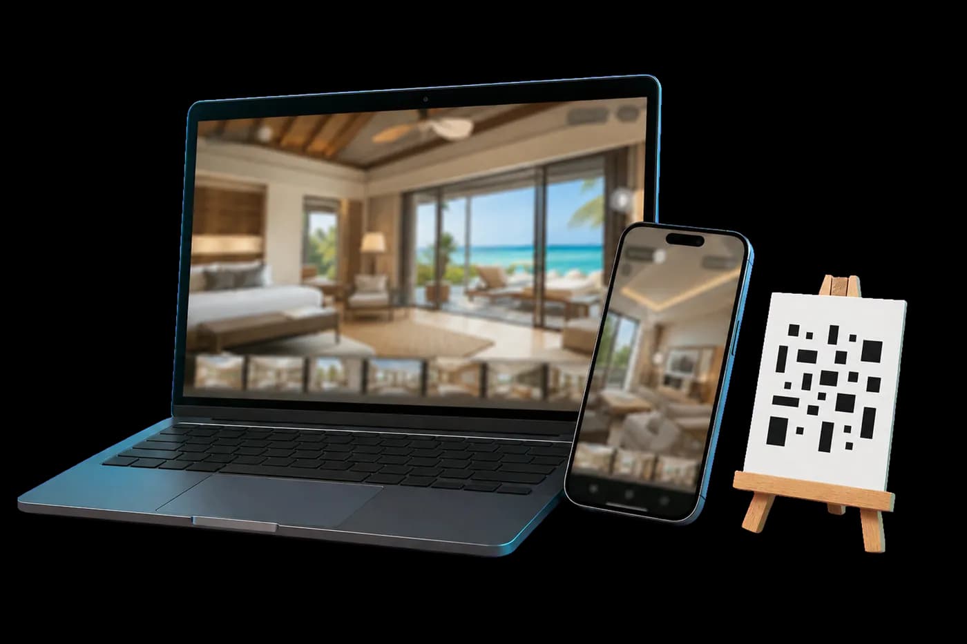 Ordinateur portable, smartphone et chevalet QR code