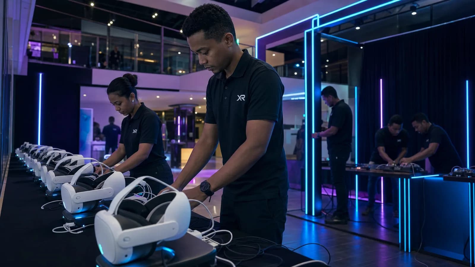 L'équipe XR installe l'espace VR : casques alignés et habillage lumineux
