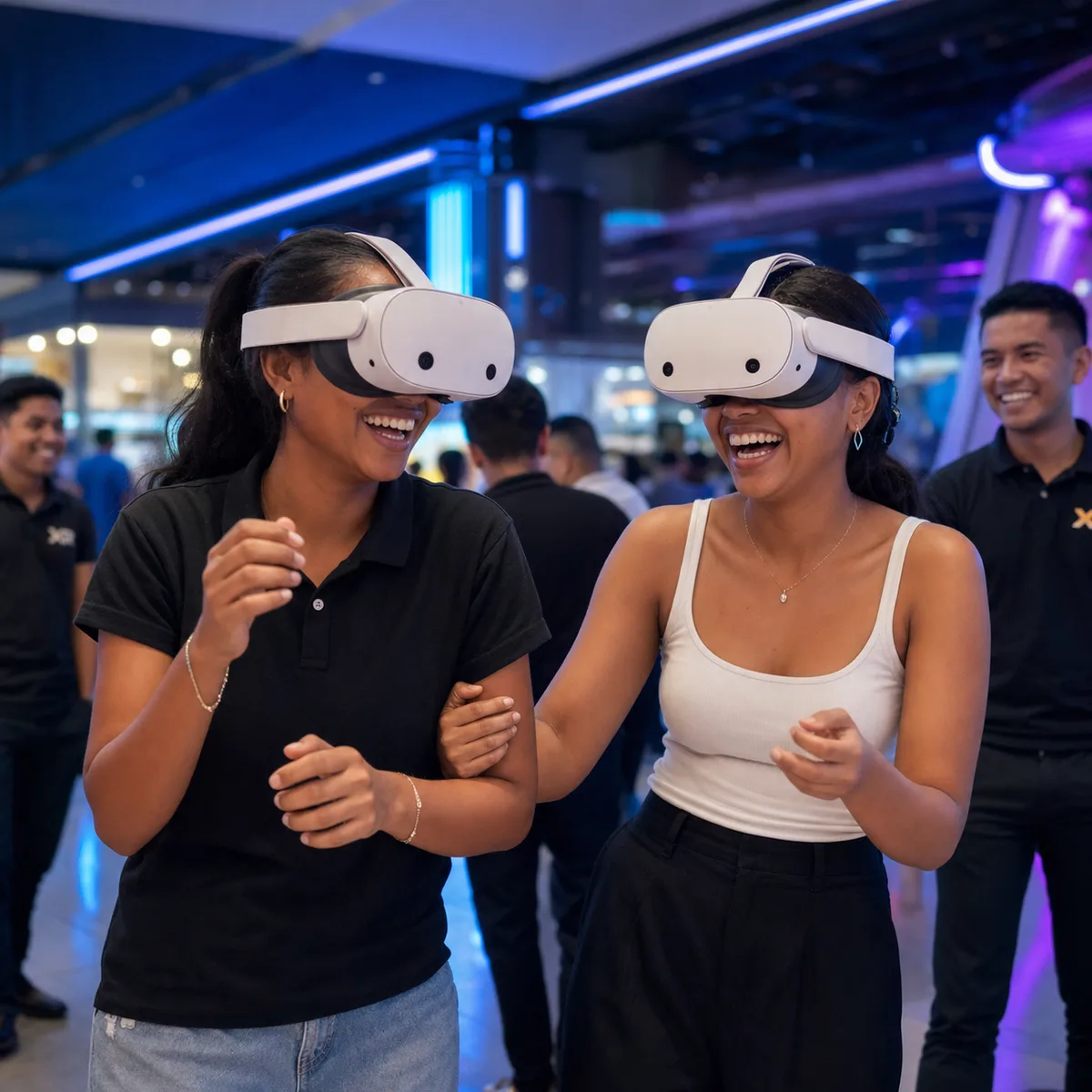 Deux amies rient pendant leur première expérience VR