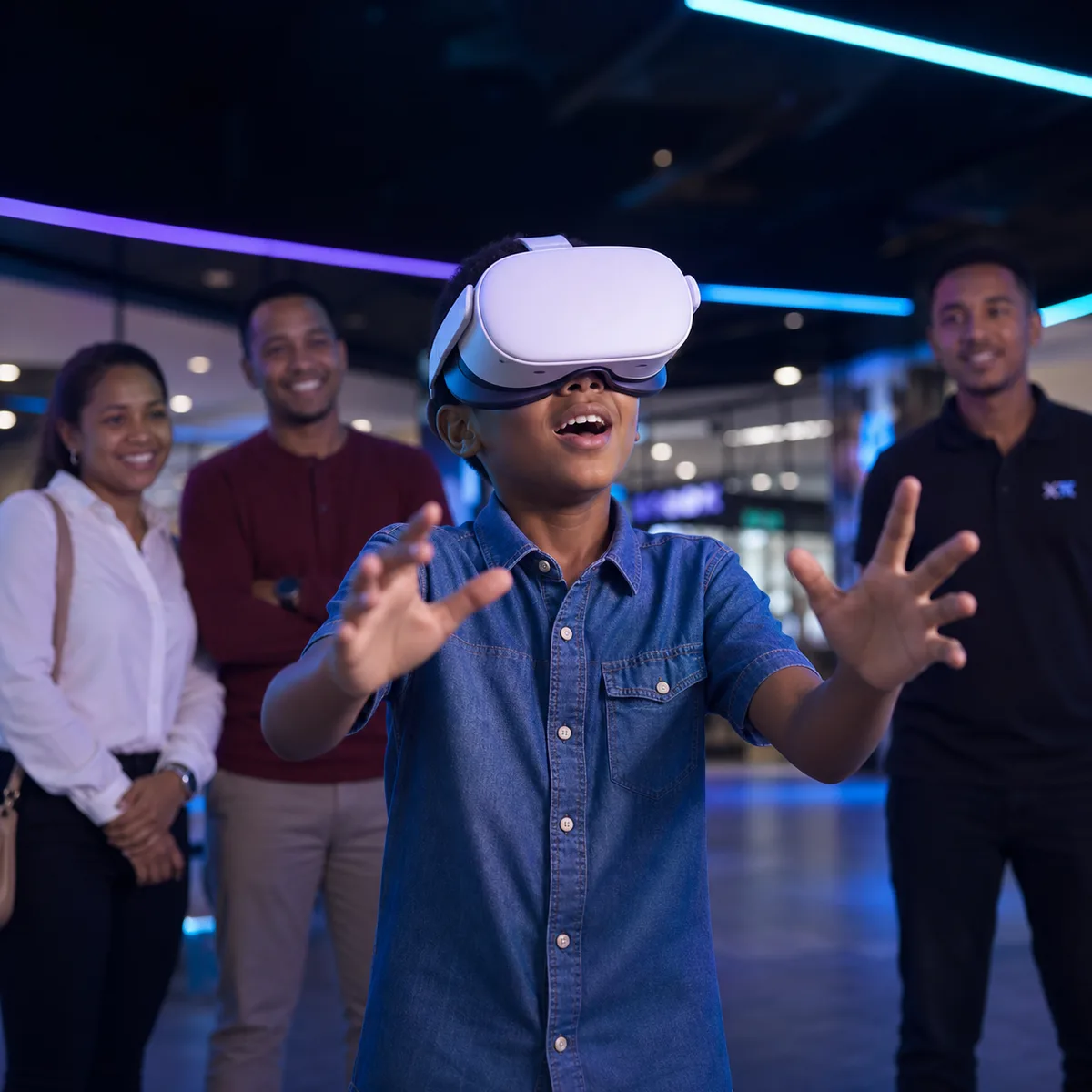 Enfant émerveillé, bras tendus, casque VR sur la tête