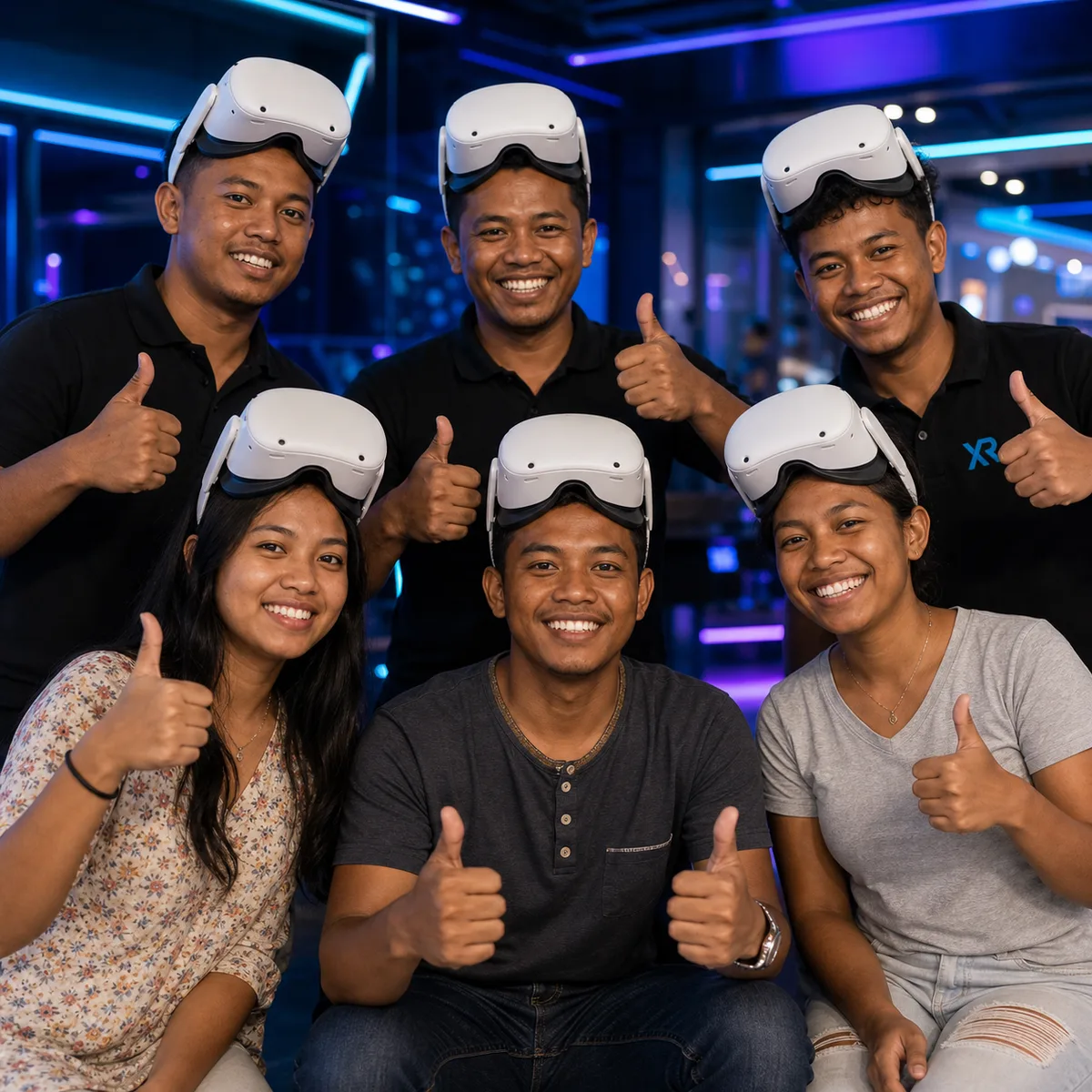 Groupe posant pour un souvenir photo après la session VR