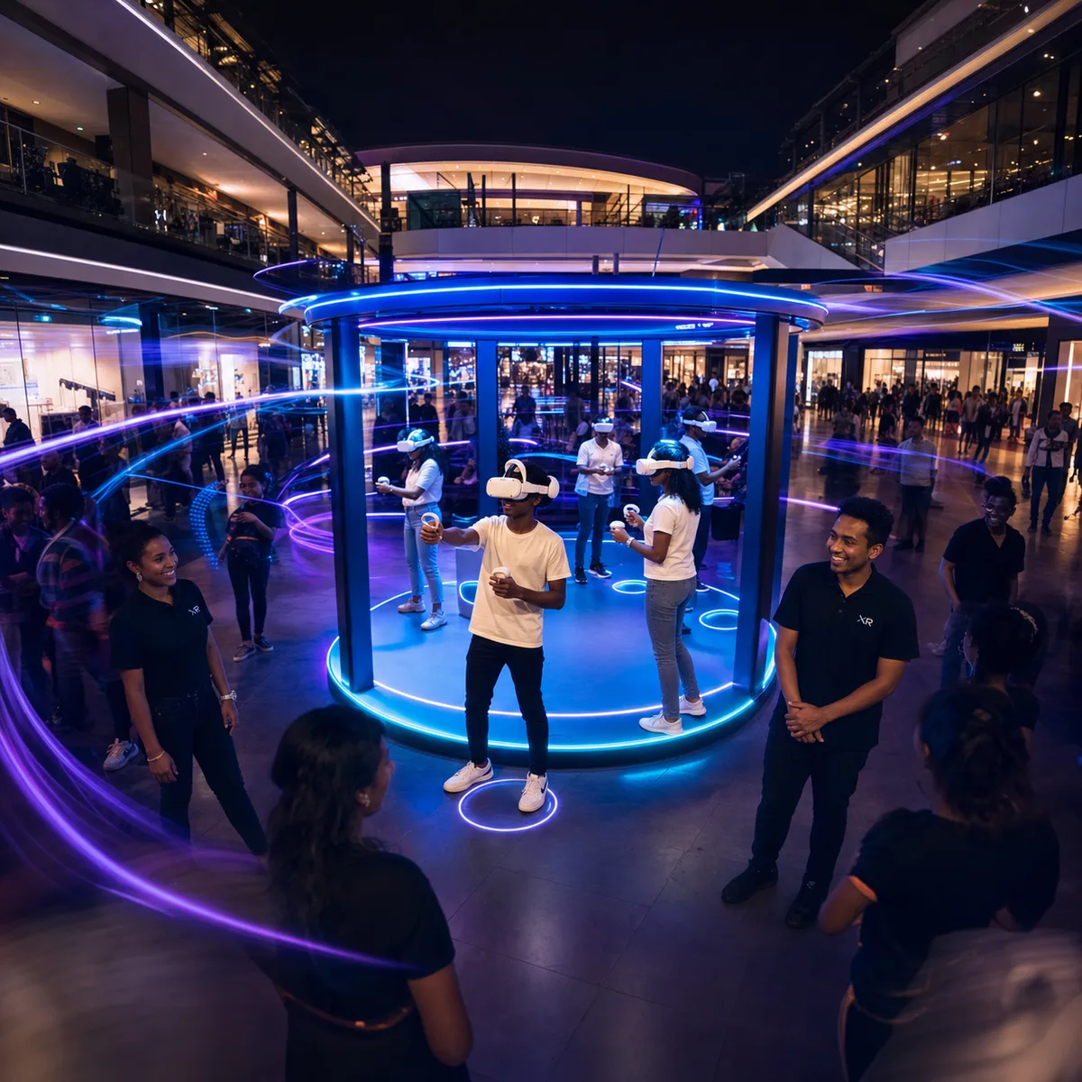 Vue d'ensemble de l'animation VR au cœur de la galerie, de nuit