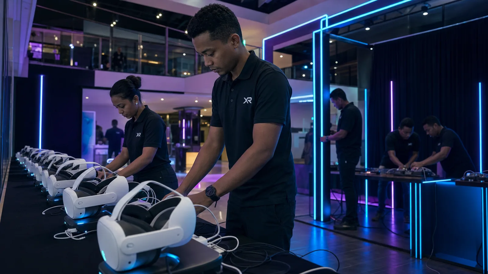 L'équipe XR installe l'espace VR : casques alignés et habillage lumineux